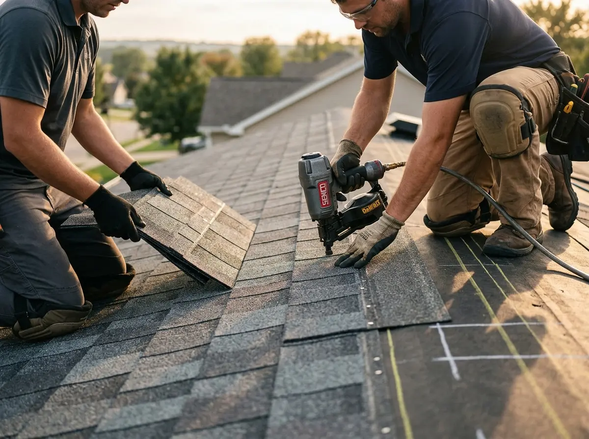 Professional roofer working on a residential roof in Pico Rivera